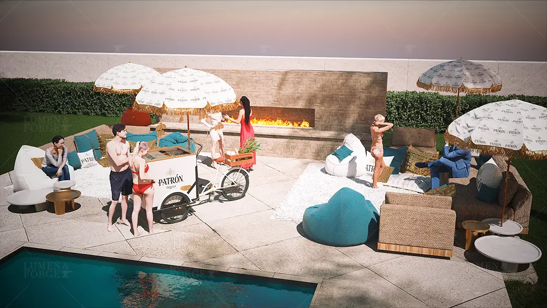 3d rendering poolside event design patron tequila