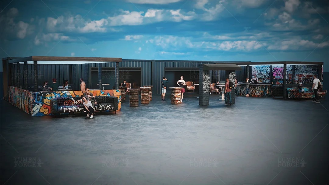 outdoor bar graffiti 3d event design pano